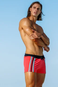 Sauvage Swimwear Swim Trunks*Capri Coral Stripe Retro Lycra Swimmer Coral