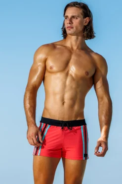 Sauvage Swimwear Swim Trunks*Capri Coral Stripe Retro Lycra Swimmer Coral