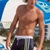 Sauvage Swimwear Swim Trunks*Navy & Lime Stripe Retro Lycra Swimmer Navy/Lime