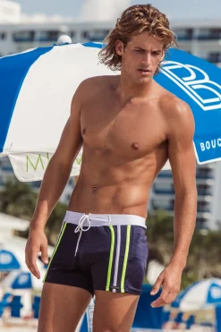Sauvage Swimwear Swim Trunks*Navy & Lime Stripe Retro Lycra Swimmer Navy/Lime