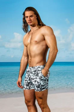 Sauvage Swimwear Board Shorts | Men's Summer*Steel Blue Bali Flower Pull-on Trunks Aqua Bali Flower