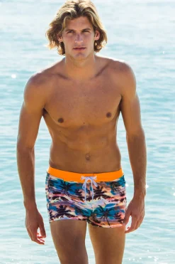 Sauvage Swimwear Swim Trunks*Sunset Palms Retro Lycra Swimmer Orange
