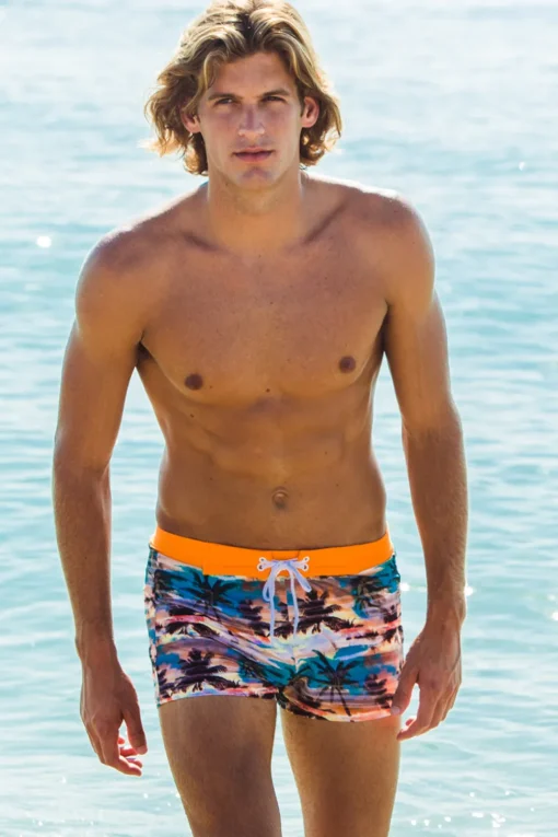 Sauvage Swimwear Swim Trunks*Sunset Palms Retro Lycra Swimmer Orange