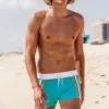 Sauvage Swimwear Swim Trunks*Turquoise & Orange Stripe Retro Lycra Swimmer Aqua